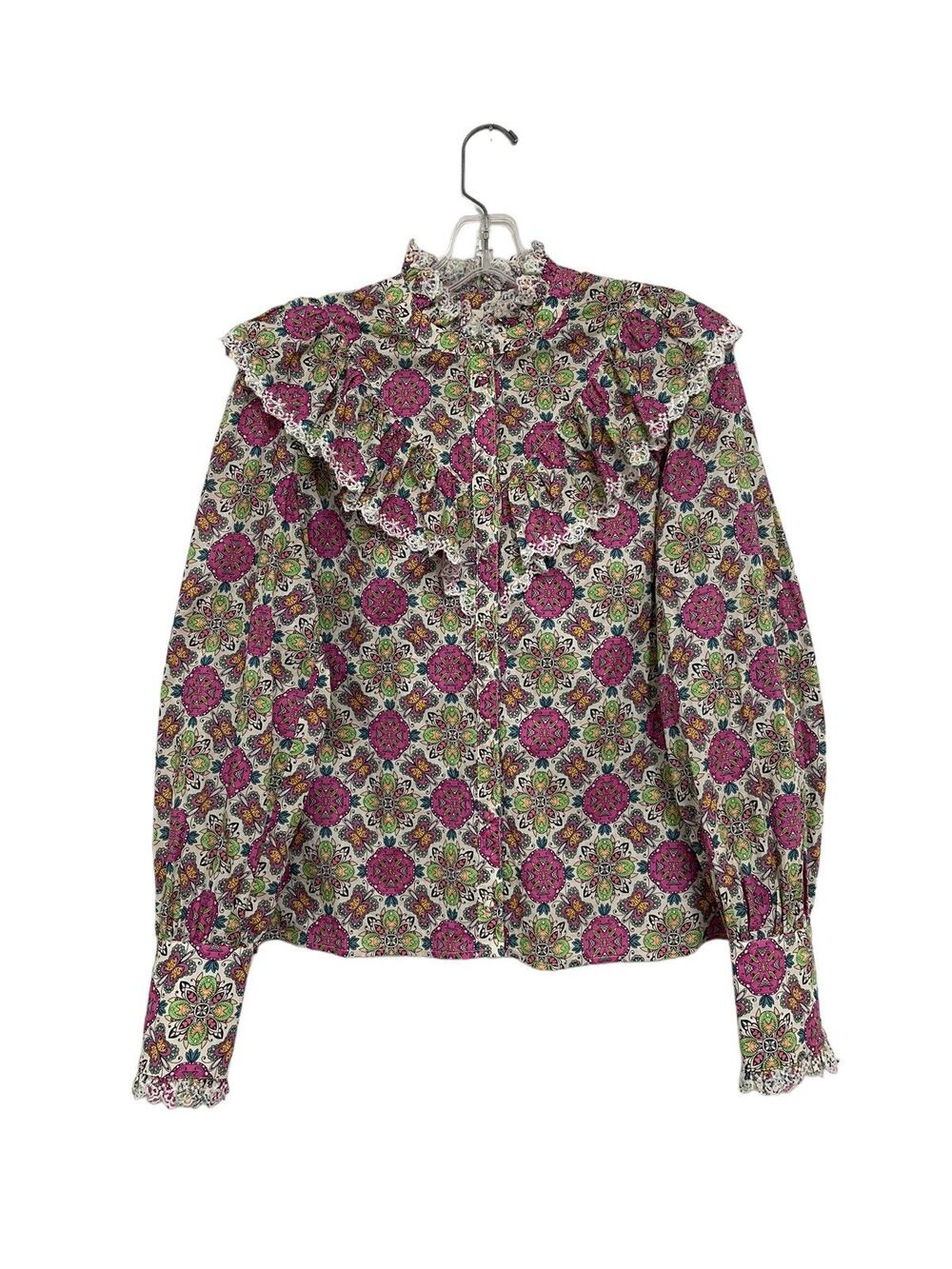 Anthropologie Caballero Womens Groovy Western Blouse Embroidered Ruffle Small